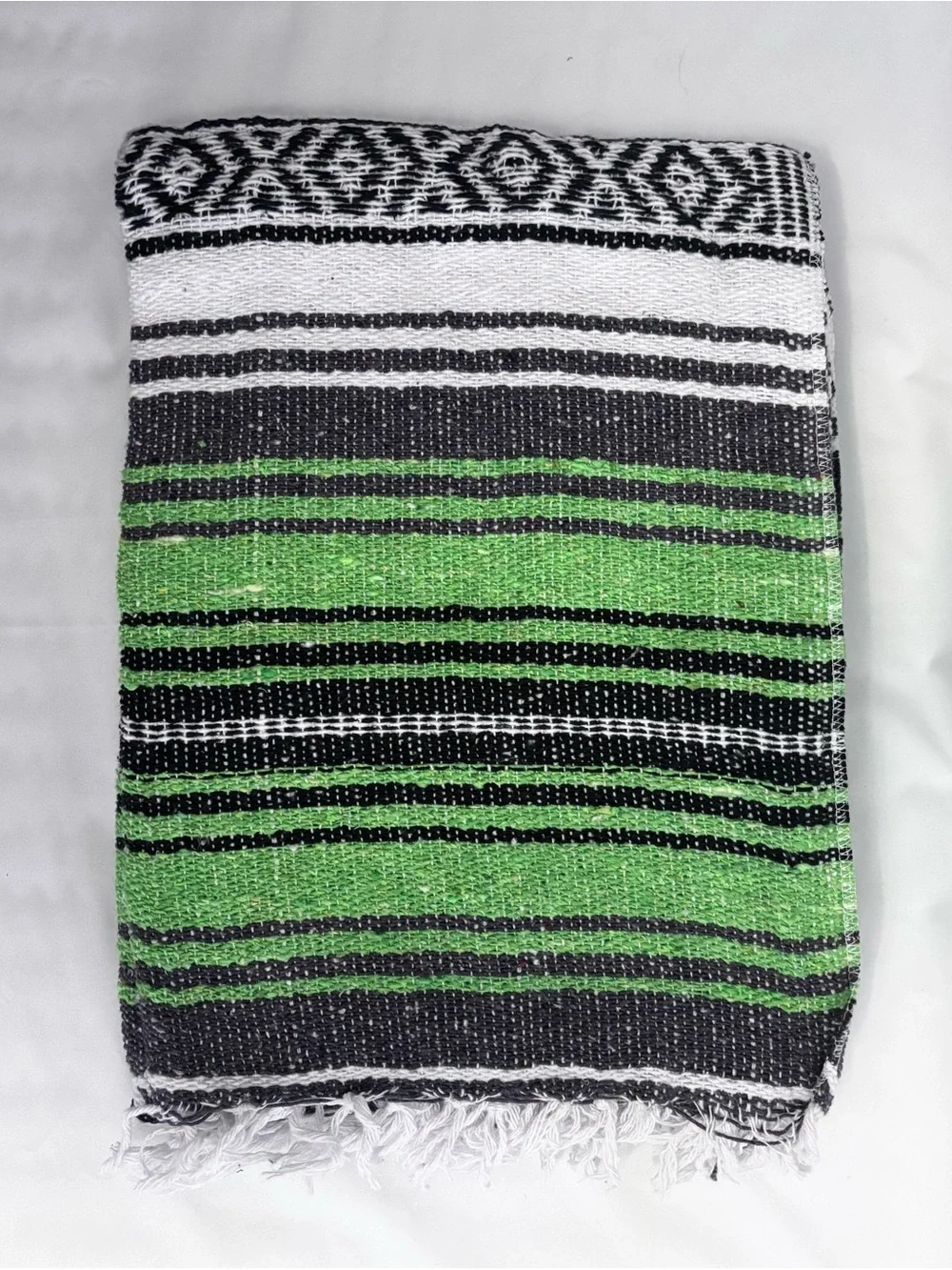Green, Black & White Striped Mexican Falsa Throw Blanket w/Free Coin Pouch, NWOT